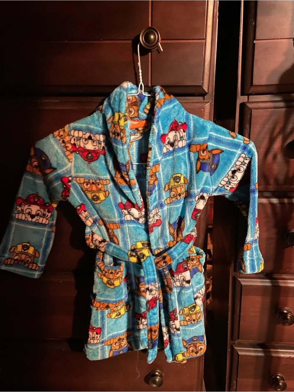 Blue Paw Patrol Kids Plush Hooded Robe with Fire Rescue Print. Size 4T